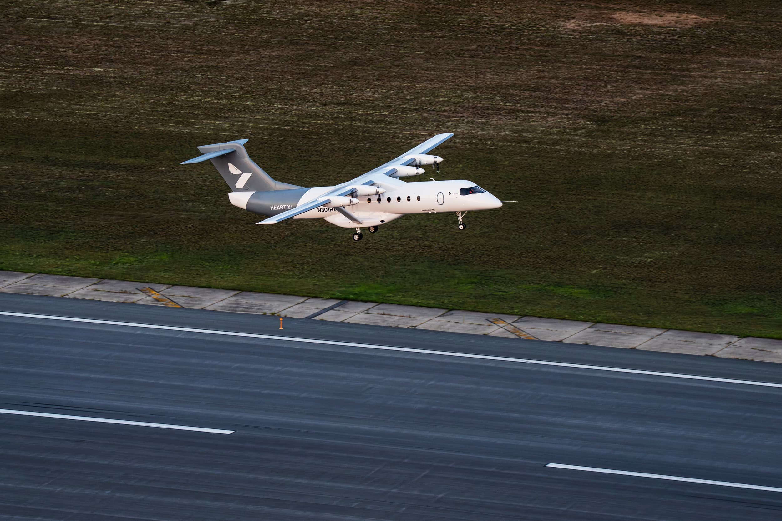 Heart Aerospace’s X1 demonstrator flares above the runway.