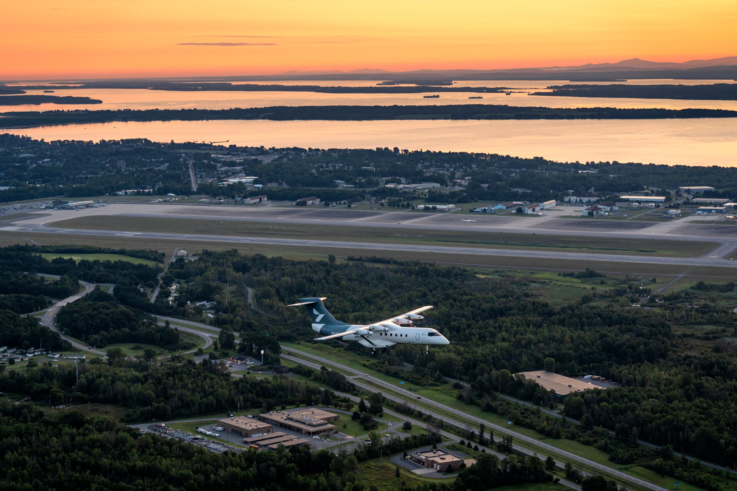 Heart Aerospace’s X1 electric demonstrator flies above Plattsburgh, New York, at sunrise.