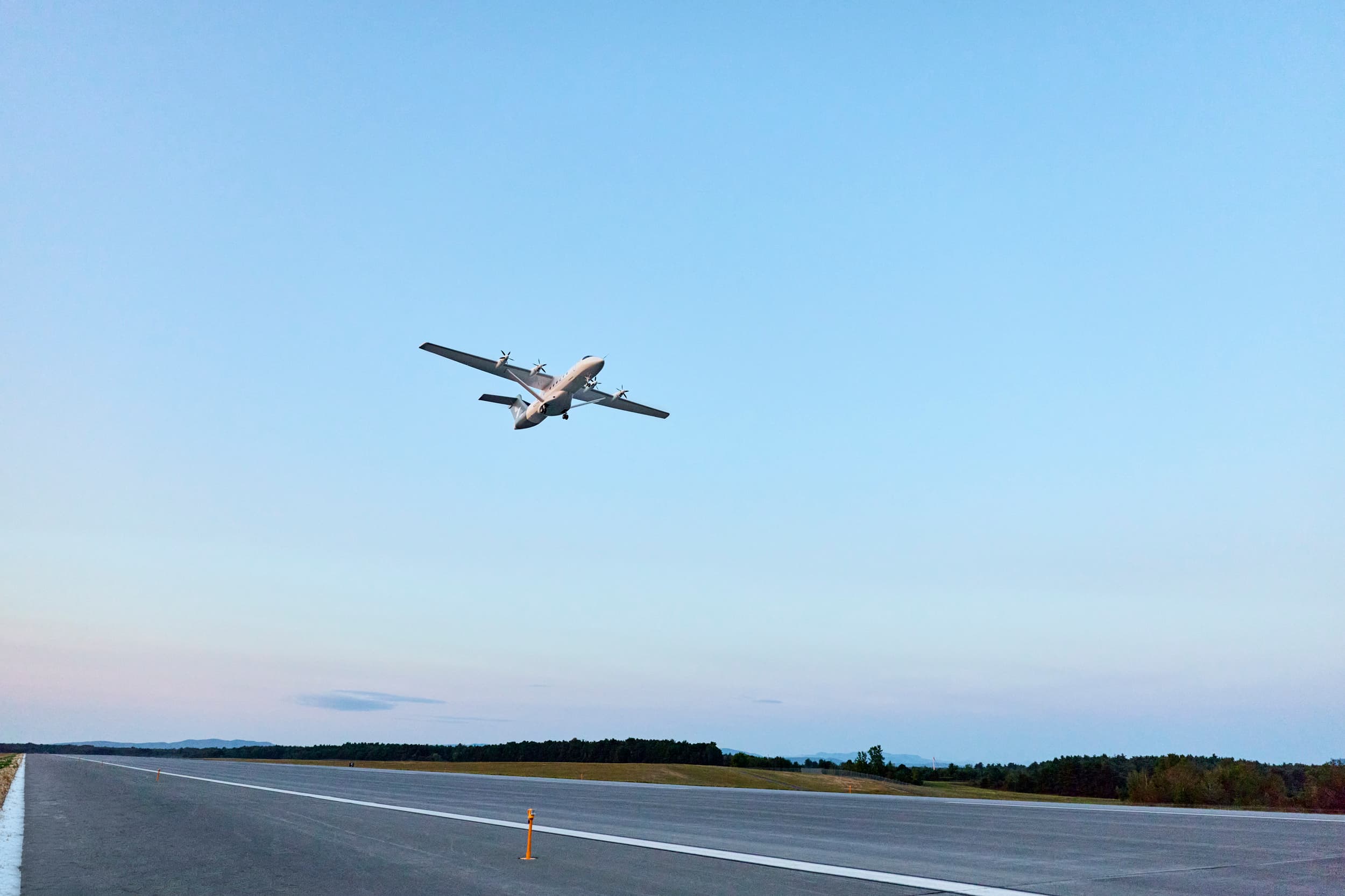 Heart Aerospace’s X1 electric demonstrator climbs above the runway during its first flight.