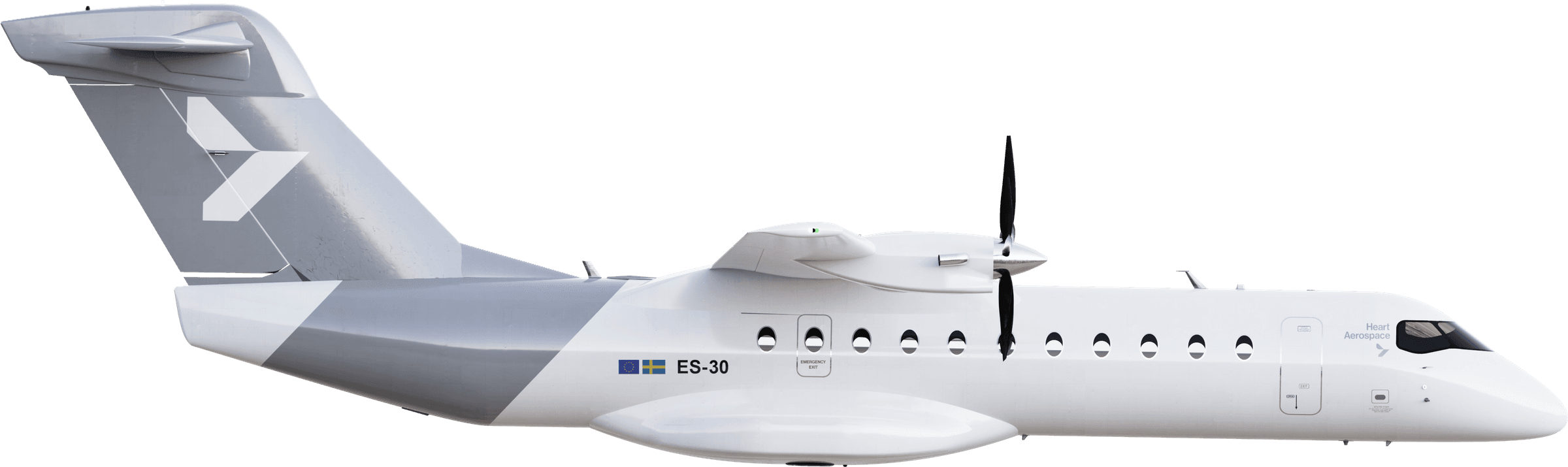 Heart Aerospace ES-30 hybrid-electric aircraft, studio render side profile with livery and Swedish flag